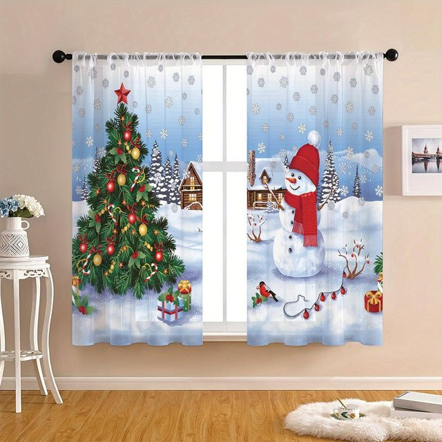 2-teiliges Set Yiran Furniture Vorhänge mit Weihnachts- und Grünblatt-Digitaldruck, halbtransparent, Polyester, Mehrfarbig, B: 50 cm, H: 130 cm - Bild 1