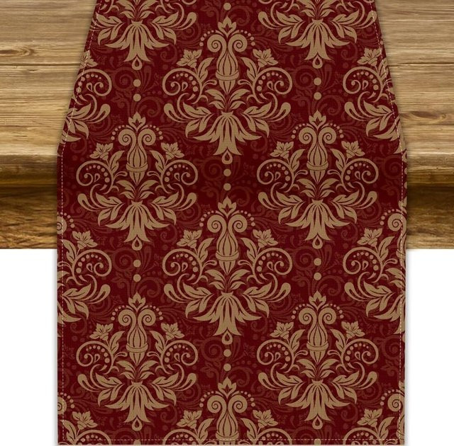 JINGYUE Pet Tischläufer aus Leinen in Rot mit Vintage Floral Damask Muster, B/H: 150 x 33 cm - Bild 1