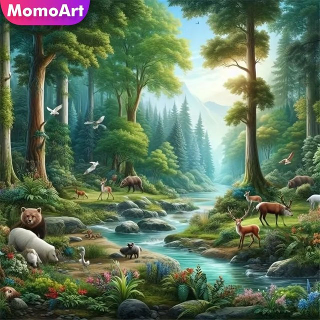 Momoart Fluss-Diamantmalerei Landschaftsbild mit Baum und Wald als DIY Strass-Diamantmosaik in Multicolour zur Handarbeit als Heimdekoration - Bild 1