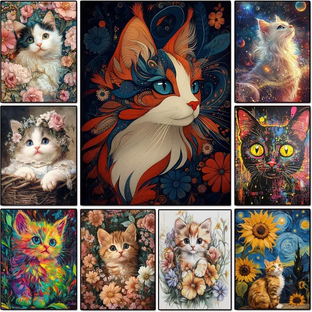 Potdemiel Diamant-Gemälde DIY Kreuzstich-Set mit niedlicher Katze und floralen Elementen in Multicolour - Bild 1