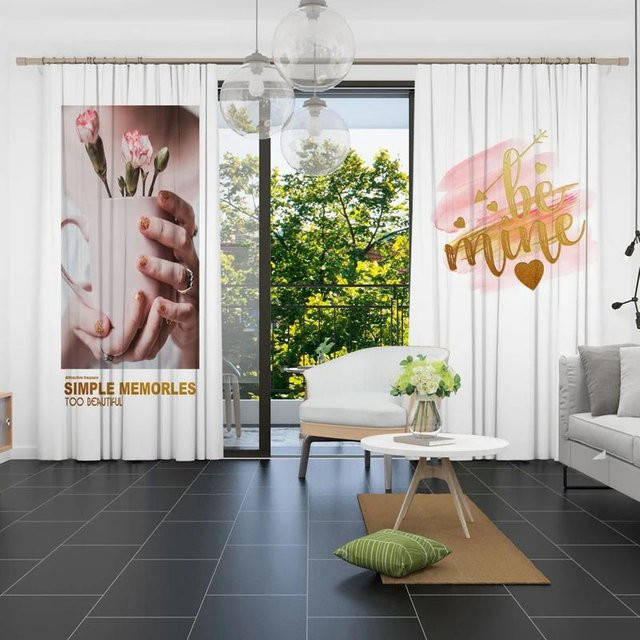 Zweiteiliges Vorhangset im koreanischen Stil mit tropischem Pflanzenpalmen-Motiv in Grün und Weiß, halbtransparent, Breite: 50 cm, Höhe: 130 cm - Bild 1
