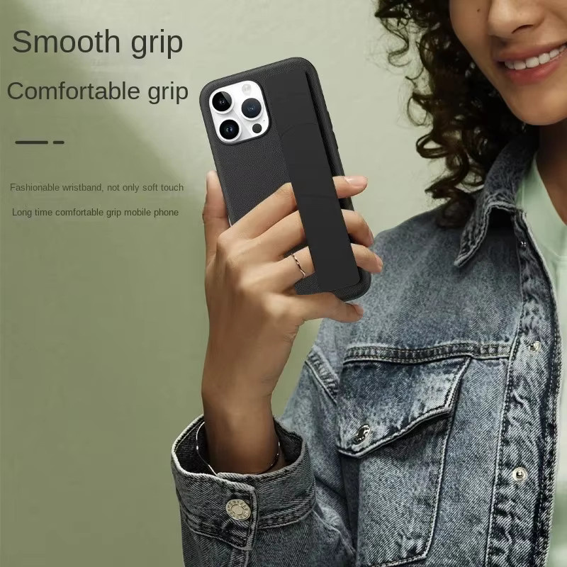 szHAIyu Handyhülle aus glattem Leder mit elastischem Armband für iPhone 16 15 14 Plus 13 Pro Max, Schwarz - Bild 3