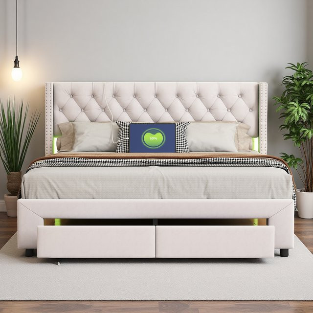 Gepolstertes LED-Bettgestell WoodenAura aus Samt mit 2 Schubladen und getuftetem Kopfteil, B/T/H: 140 x 190 cm - Bild 1