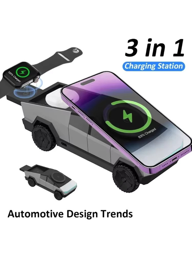 VIKEFON Kabellose Ladestation im Automodell-Design mit Lichteffekt und Rotationsfunktion, Farbe: Silber, kompatibel mit iPhone, iWatch und AirPods - Bild 7