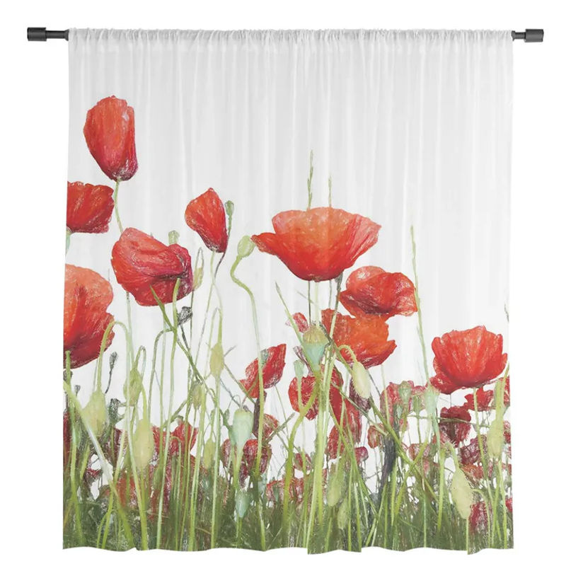 A Family Of Home Textiles Mohnblumen-Tüllvorhang mit floralem Design, transparent, weiß, B: 135 cm, H: 244 cm - Bild 3