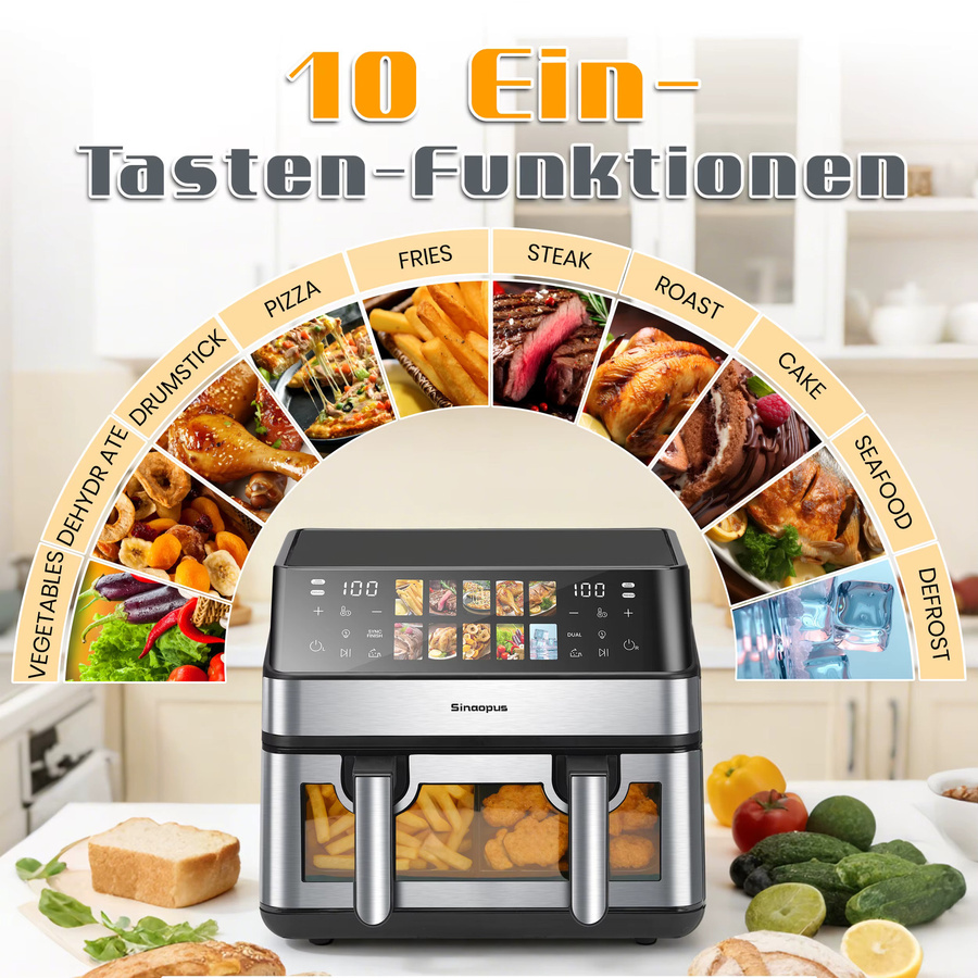 Sinaopus XXL Heißluftfritteuse 8,5 L mit Doppelkorb, 2000W und LED-Touch-Fenster, Ölfreier Ofen mit 10 Programmen - Bild 3