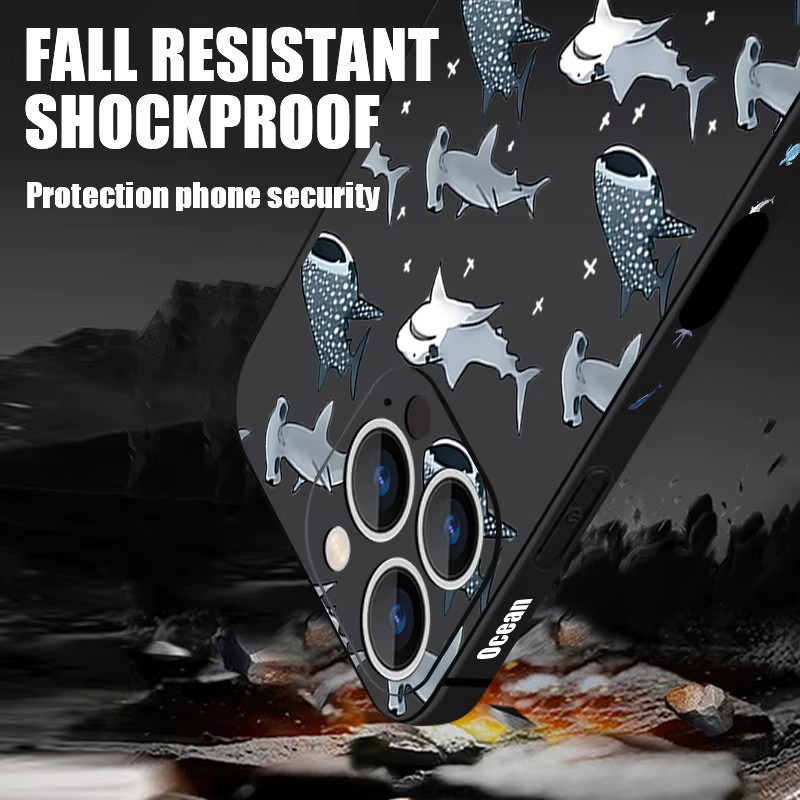 Stoßfeste TPU-Telefonhülle von MOESOE mit Walhai und Delphin Motiv für iPhone 16 15 14 13 12 Pro Max in Grau oder Schwarz - Bild 2