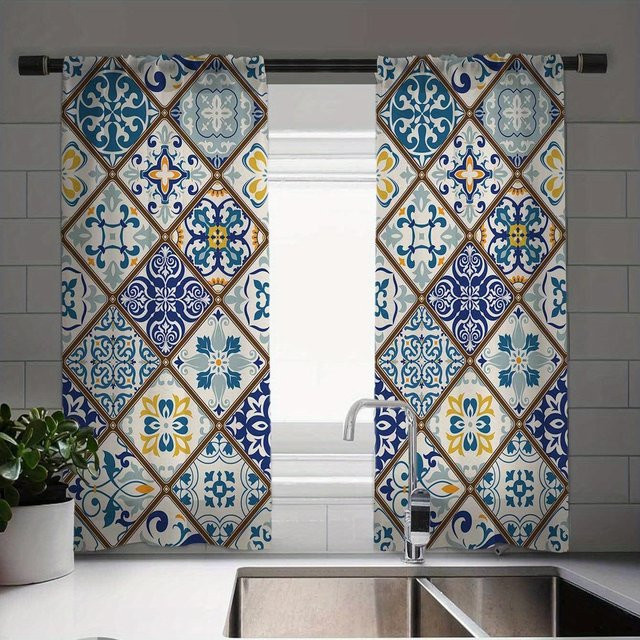 Elegante Küchenvorhänge mit geometrischem Druck im Vintage-Stil, halbtransparentes Fensterdekor für Küche und Wohnzimmer, B: 100 cm, H: 130 cm - Bild 1