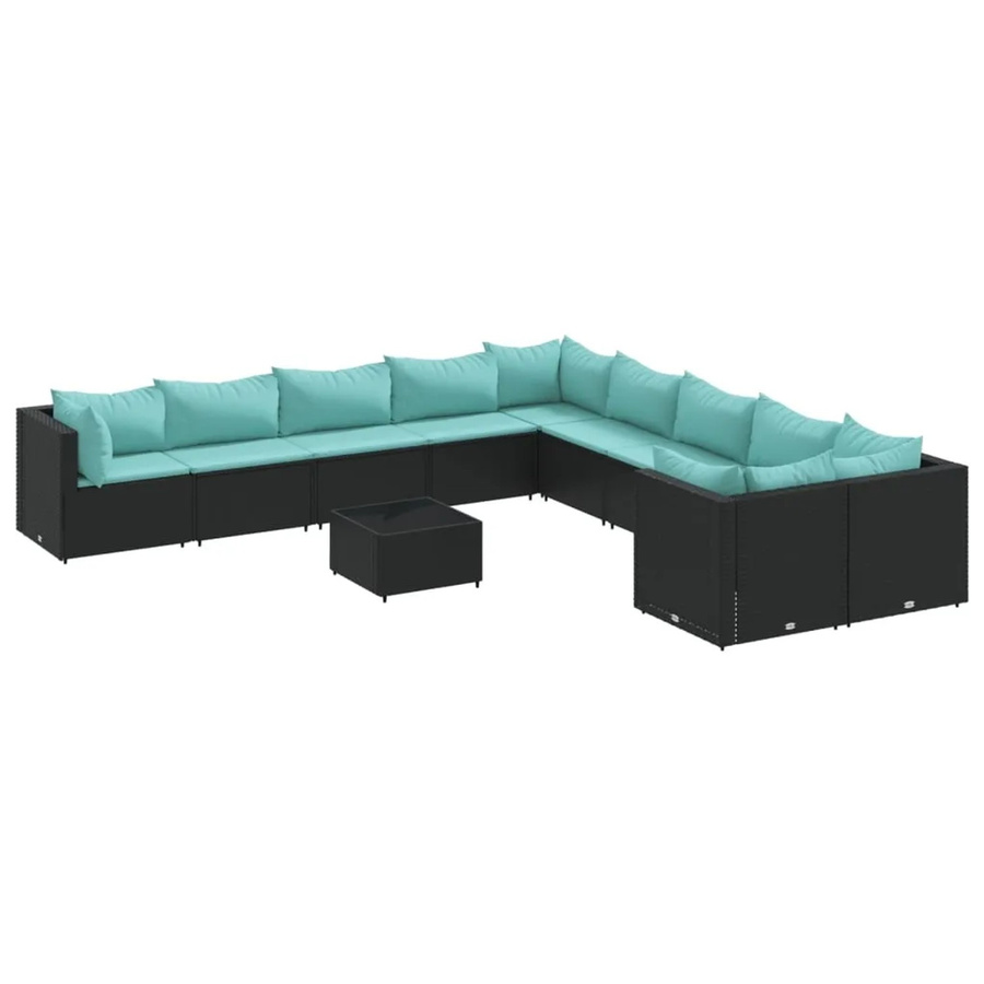 vidaXL 11-teilige Garten-Sofagarnitur in U-Form aus schwarzem Poly-Rattan mit Kissen und Couchtisch - Bild 2