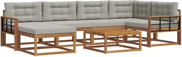 vidaXL Outdoor-Sofagarnitur aus Akazienholz in L-Form mit Kissen, 7-teilig, Natur und Hellgrau - Bild 1