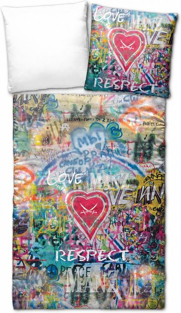 Bettwäsche Sansibar Respect aus Mako-Satin mit grafischem Design in Multicolour, bestehend aus Bettbezug und Kissenbezug, B/H: 135 x 200 cm und 80 x 80 cm - Bild 1