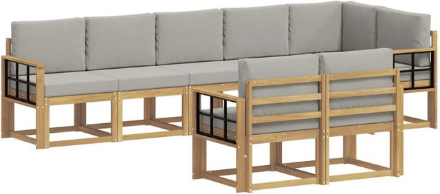 vidaXL Outdoor-Sofagarnitur in L-Form aus Akazienholz mit Kissen, 8-teilig, Weiß-Hellgrau - Bild 1