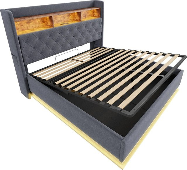 Merax Polsterbett mit LED-Beleuchtung und USB-Anschluss in Grau, B/T/H: 160 x 200 x 113 cm - Bild 1