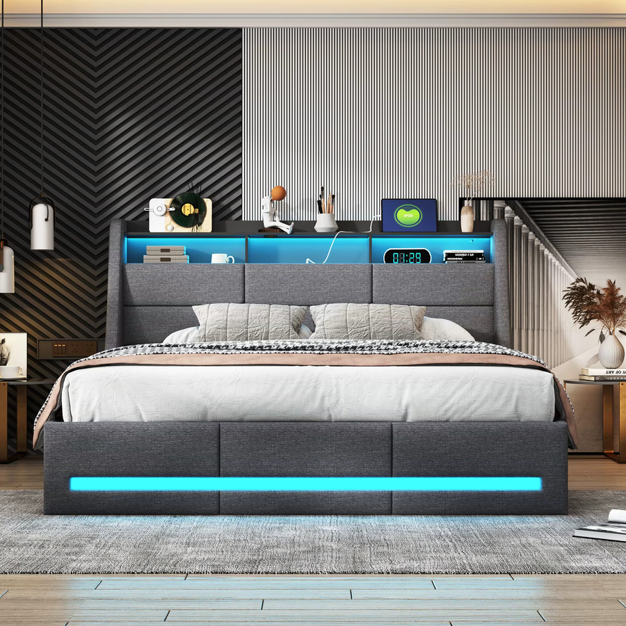 Rosahqnda Polsterbett in Grau mit LED-Kopfplatte, USB-Ladefunktion und Aufbewahrungsraum, B/T: 160 x 200 cm - Bild 4