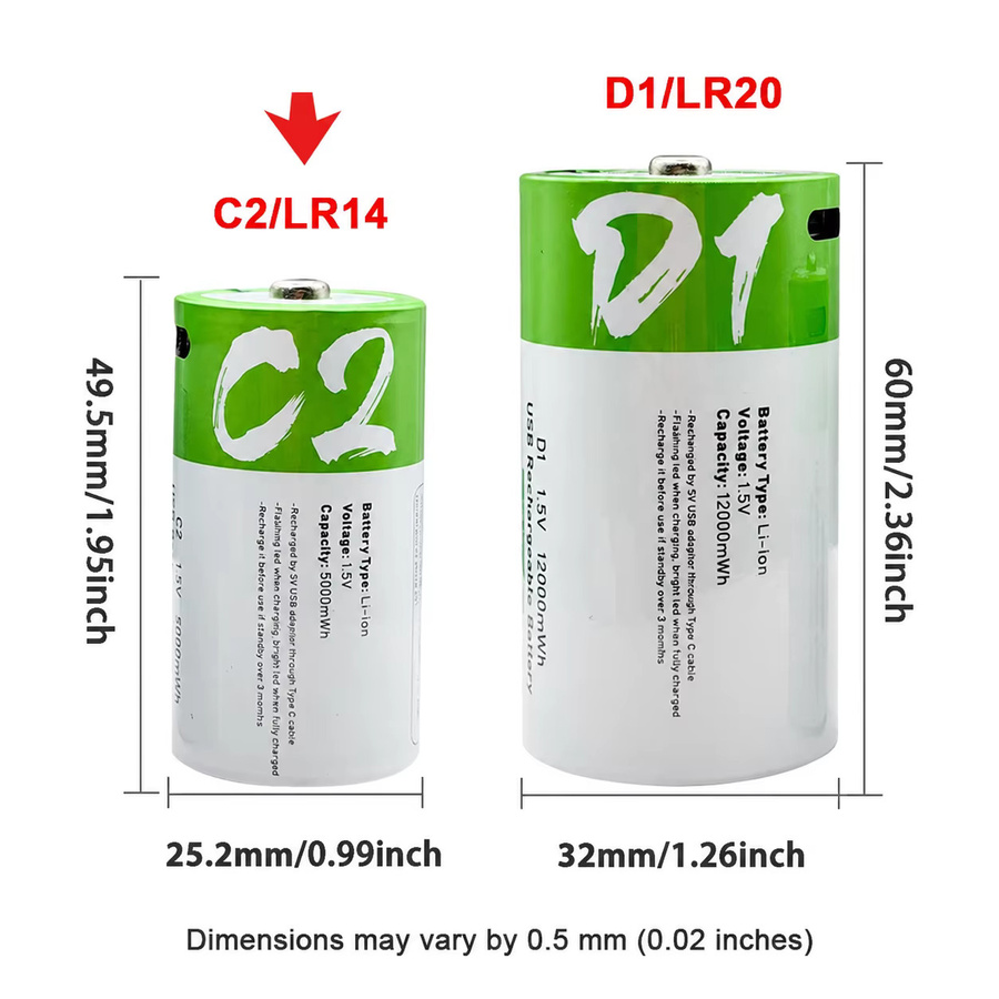 Wiederaufladbare Lithium-Ionen-Batterie LR14 C-Zelle mit USB-C Ladefunktion, 1,5V 5000mWh, Grün - Bild 2
