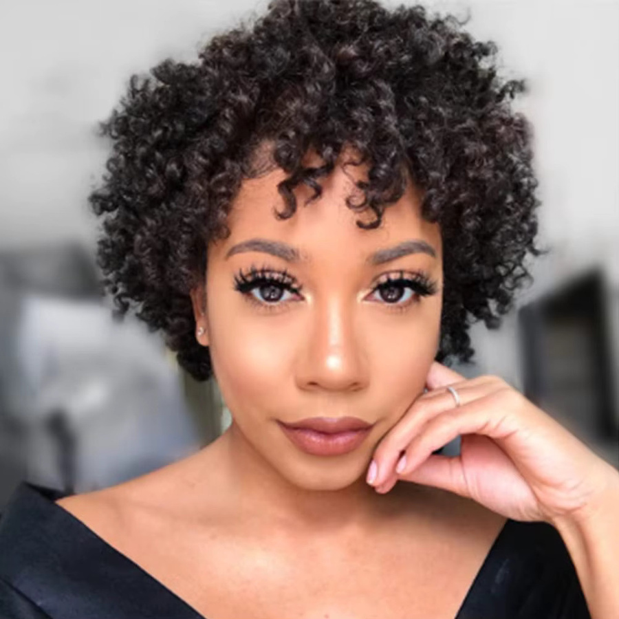 Linhua Afro-Perücke, Pixie-Schnitt, lockiges Echthaar, Damen - Bild 3