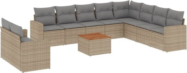 vidaXL 11-tlg. Garten-Sofagarnitur in L-Form aus Polyrattan mit Kissen und Couchtisch in Beige - Bild 1