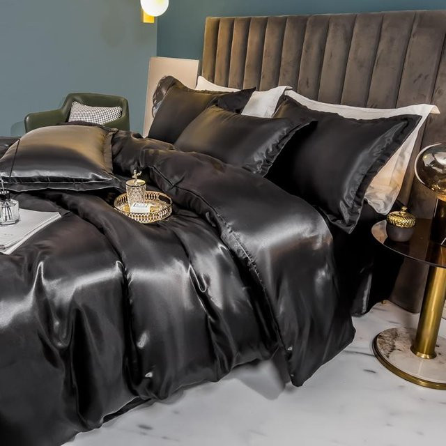 Bin Chi Textiles Luxus Bettwäsche-Set aus Viskose-Satin in Schwarz, bestehend aus Bettbezug, Bettlaken und Kissenbezügen - Bild 1