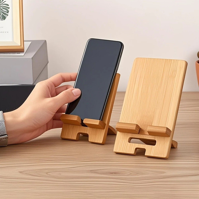Verstellbarer Desktop-Handyhalter aus Bambus in Braun, praktischer Smartphone-Ladeständer aus Holz und multifunktionale Telefonhalterung - Bild 1