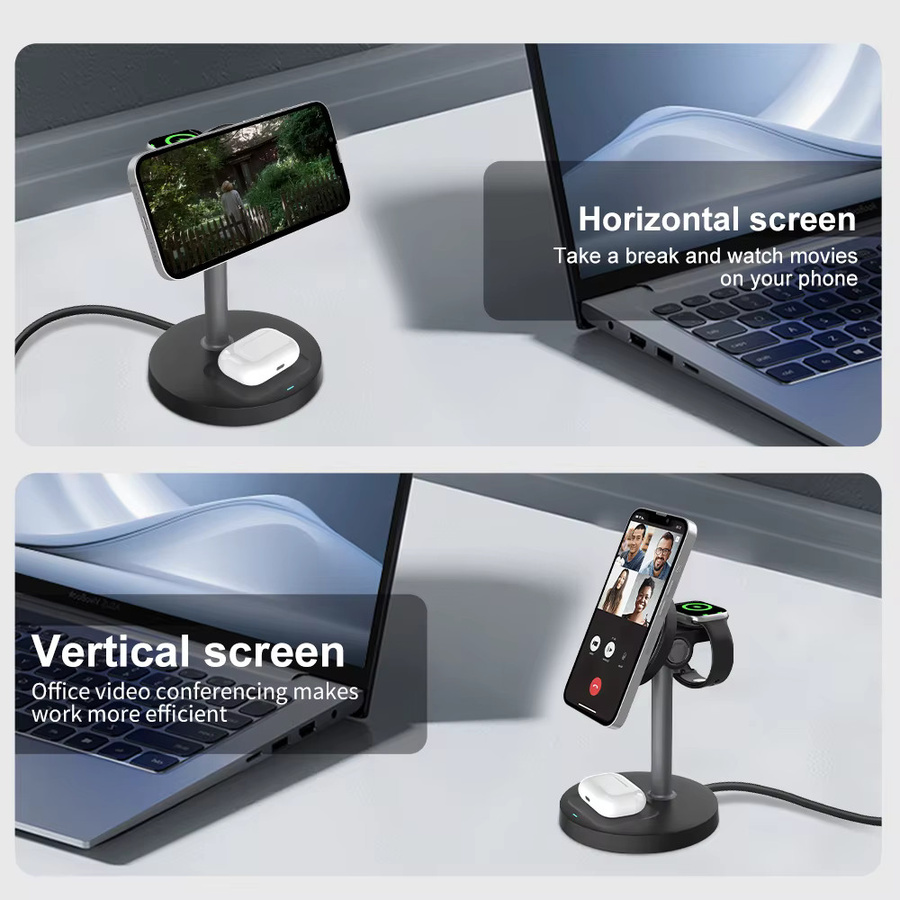 VEERNOO 3-in-1 Magnetisches Kabelloses Ladegerät in Weiß, 15 W Schneller Ladeständer für iPhone 12–16-Serie, iWatch und AirPods mit einstellbarem Winkel - Bild 4