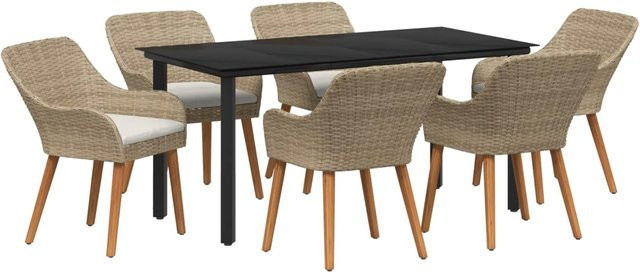vidaXL 7-teiliges Garten Esstischset aus Poly Rattan in Beige - Bild 1