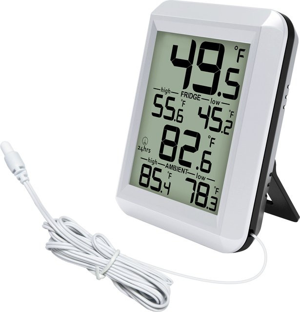 Urageuxy Digitales Kühlschrankthermometer mit 2 m wasserdichtem Sensor, Min/Max Record in °C/°F, Farbe: Weiß - Bild 1