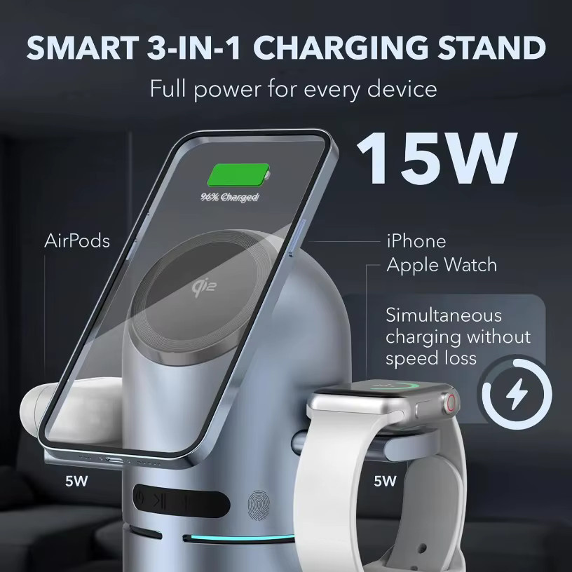 Opansten Bluetooth-Lautsprecher und magnetische kabellose Ladestation mit automatischer Drehung für iPhone, Apple Watch und AirPods in Silber - Bild 2
