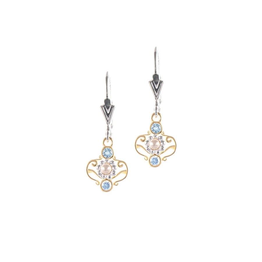 Ohrringe 925 Silber, teilvergoldet, Zirkonia, hellblau, Perle, Unisex - Bild 1