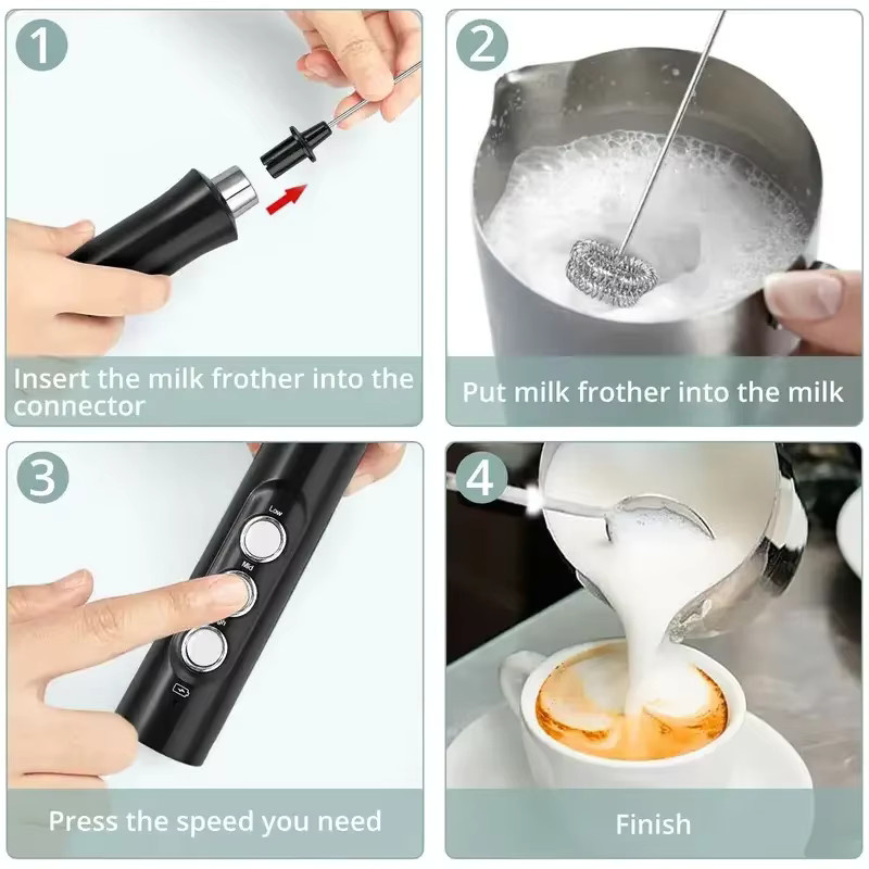 OFENGIQ Kabelloser elektrischer Milchaufschäumer in Schwarz mit 3 Geschwindigkeiten und USB-Aufladung für Latte, Cappuccino und heiße Schokolade - Bild 5