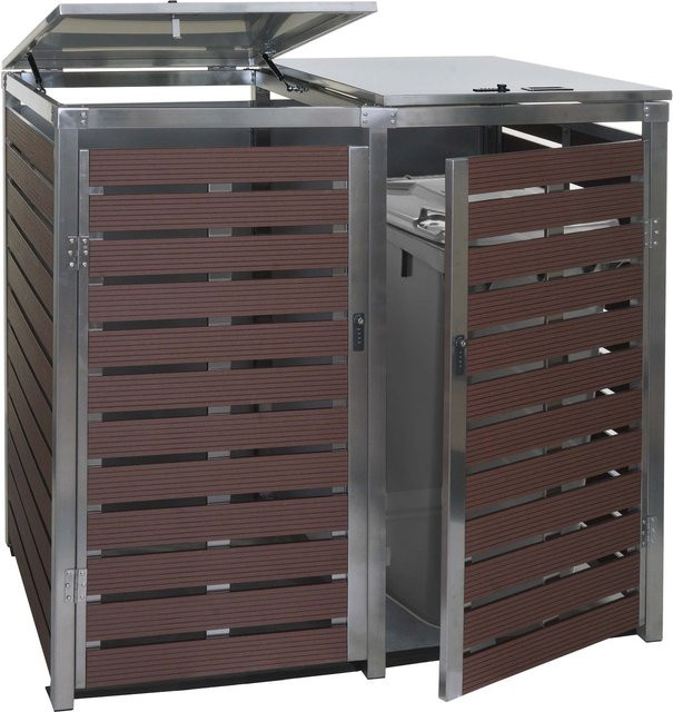 Mülltonnenverkleidung MCW-K14 2er Mülltonnenbox aus WPC und Edelstahl in Walnuss-Holzoptik, B/T/H: 119 x 134 x 84 cm - Bild 1