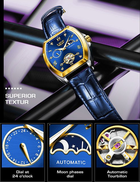 LIGE Armbanduhr Automatik, Tonneau, Gold, Leder, Herren - Bild 1