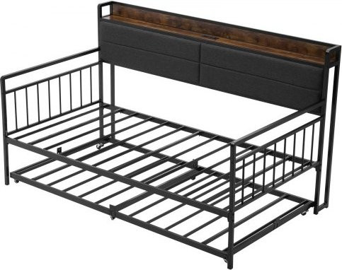 VEVOR Tagesbettrahmen mit Ausziehbett und Ladestation in Schwarz, Metall-Plattformbett mit USB-Anschluss und Metalllatten für Wohnzimmer oder Gästezimmer, B/T/H: 99 x 190 cm