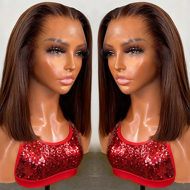HJ WEAVE BEAUTY Bob-Perücke Echthaar, Schokoladenbraun, Lace Frontal - Bild 1