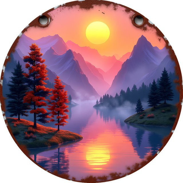 Runde Metall-Wandkunst von Potdemiel mit Mountain Sunset Motiv in Multicolour, Durchmesser: 20,32 cm - Bild 1