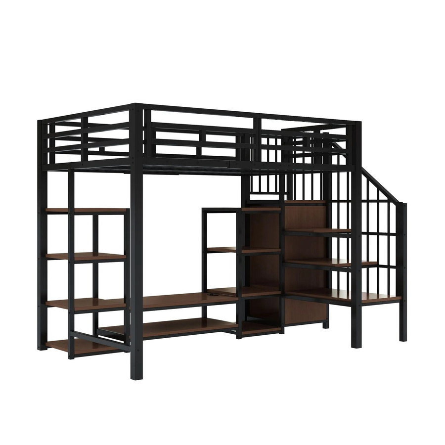 Merax Hochbett für Erwachsene in Schwarz mit TV-Tisch, Stauraum und USB-Ladeanschluss, B/T/H: 251 x 90 x 174 cm - Bild 2