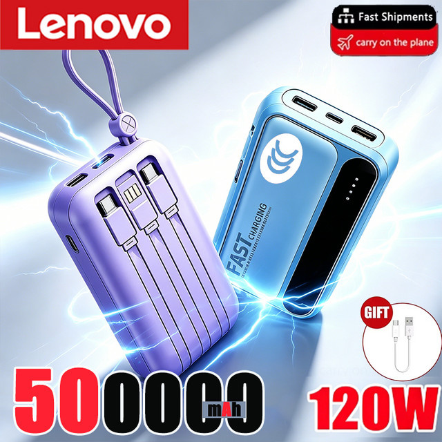 Lenovo Neue Mini Powerbank mit 10000 mAh Kapazität und 4 integrierten Kabeln in Lila für iPhone, Samsung und Xiaomi - Bild 1