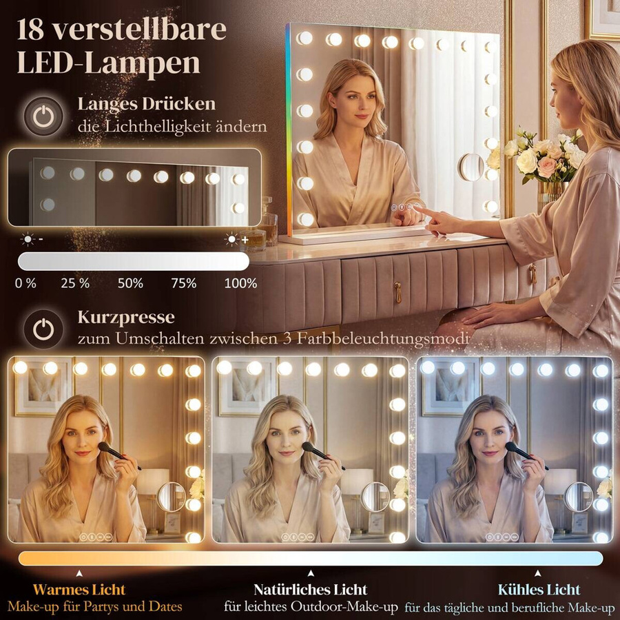HOMCOM LED-Spiegel in Weiß mit Touch-Funktion und dimmbarer RGB-Beleuchtung B/H/T: 14 x 60 x 80 cm - Bild 2