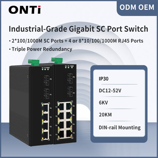 ONTi Gigabit Industriequalität SC-Port-Switch mit 6/10 Ports, 20 km Reichweite, IP30, 6 kV Lightning-Schutz, DC12–52 V, DIN-Schienenmontage, Schwarz - Bild 1