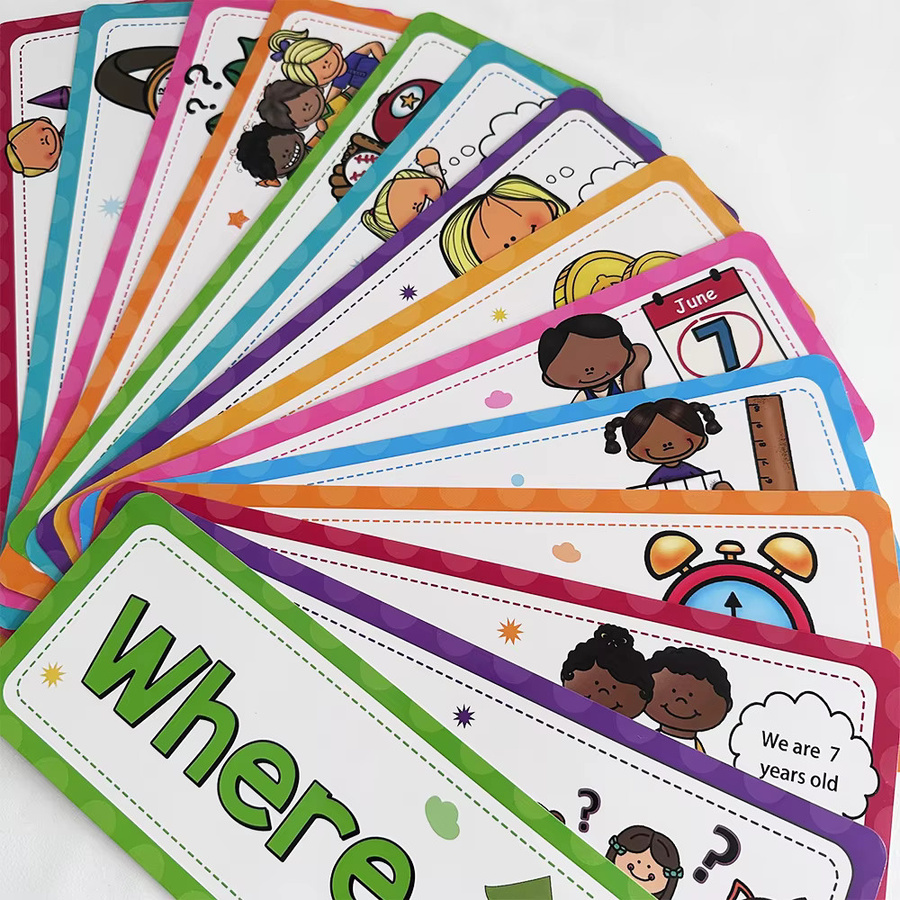 QKX Englische Grammatik-Lernkarten für Kinder mit WH-Fragenwörtern, Mehrfarbig, aus Papier - Bild 4