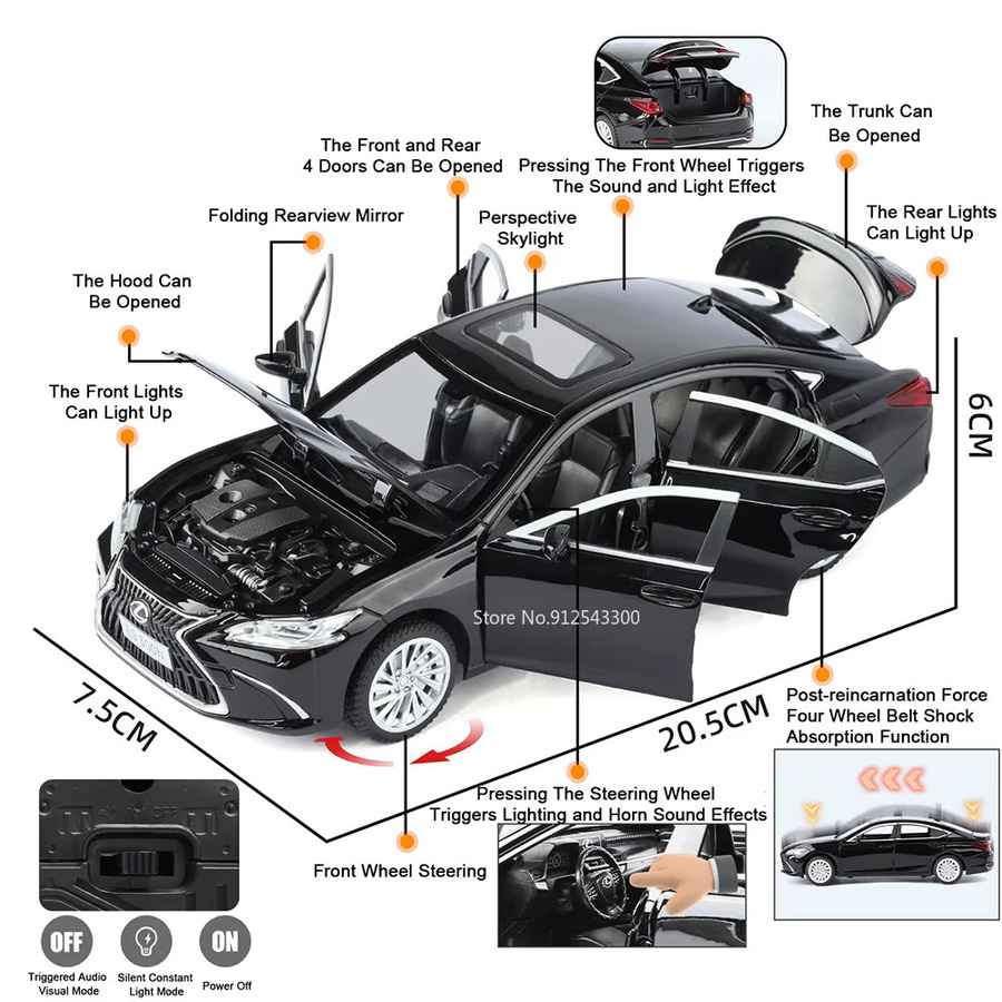 MAKEDA ES300H LX570 Automodell, Maßstab 1:24, mit Sound und Licht, Schwarz - Bild 1