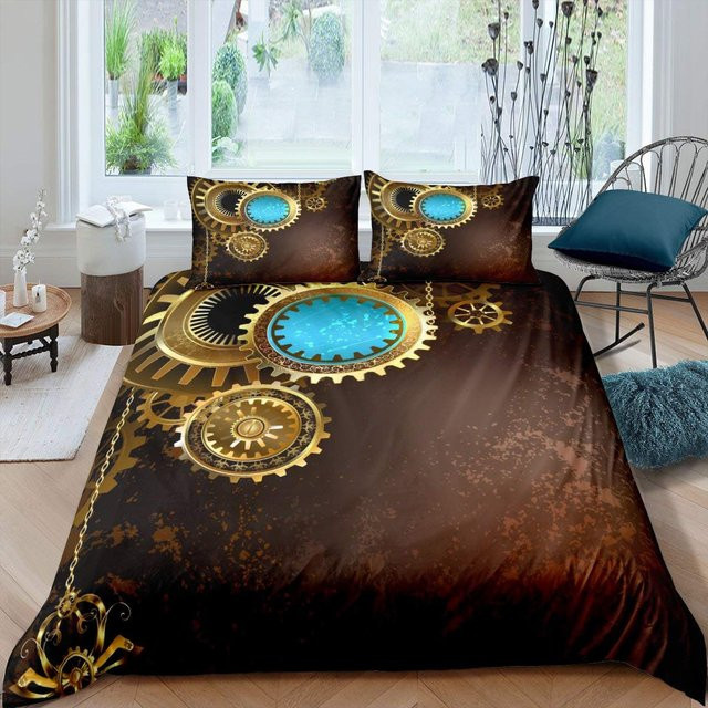 Binchi Outdoor Product Bettwäsche-Set im Steampunk-Stil mit Zahnrad-Motiv, braun, Polyester, B/H: 140 x 200 cm - Bild 1