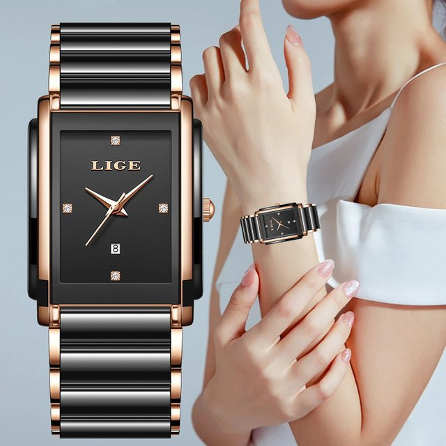 LIGE Armbanduhr Keramik, Quarz, Eckig, Diamantbesetzt, Schwarz, Damen - Bild 1