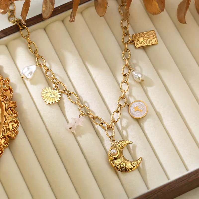 EILIECK Halskette Edelstahl, Gold, Perle, Mond, Damen - Bild 4
