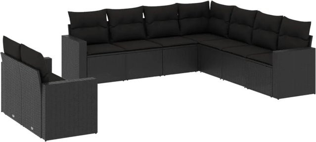 vidaXL 9-tlg. Garten-Sofagarnitur in L-Form aus Polyrattan und Metall in Schwarz mit Kissen und UV-beständigen Bezügen - Bild 1