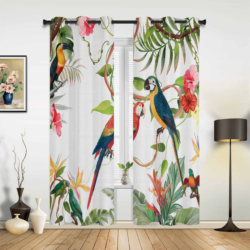 Super Six Fenstervorhang mit tropischem Blätter- und Papageien-Blumenmuster, halbtransparent, Mehrfarbig, Breite: 135 cm, Höhe: 115 cm - Bild 3