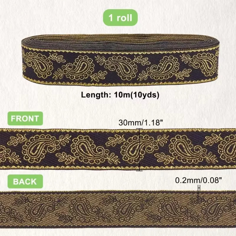 Besticktes Jacquard Band in Gold mit ethnischem Muster für DIY Kleidung und Wohnkultur, Breite: 2,8 cm, Länge: 10 Meter - Bild 2