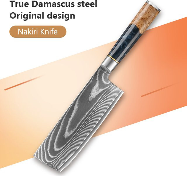 Baovim Nakiri-Messer aus Damaszener Stahl mit farbigem Holzgriff, 7 Zoll Profi-Kochmesser, Mehrfarbig - Bild 1