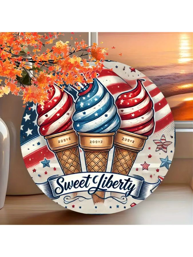 Rundes Metall-Wandschild von Potdemiel mit amerikanischer Flagge und Sweet Liberty Design, Durchmesser: 19,8 cm - Bild 5