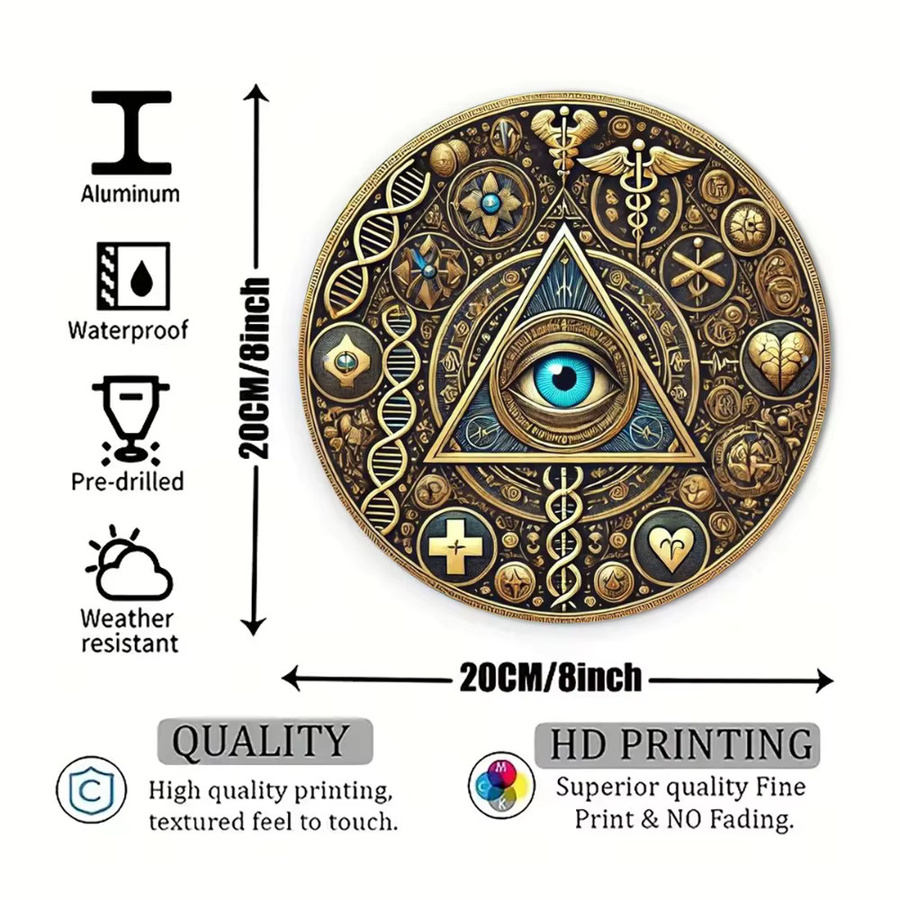 HELLOYOUNG Wandkunst-Scheibe aus Aluminium mit Freimaurer-Symbolen in Gold und Blau, Durchmesser: 20,32 cm - Bild 2