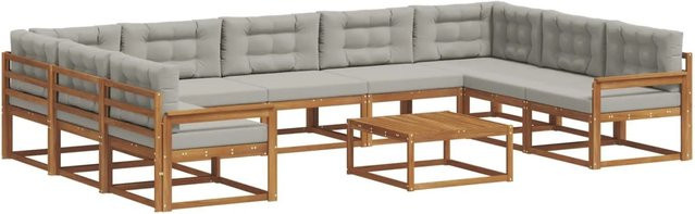 vidaXL Outdoor-Sofagarnitur aus Akazienholz mit 10-teiligem Set und Kissen in Natur und Hellgrau - Bild 1